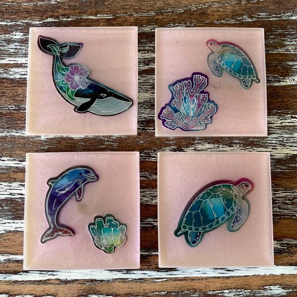 Rainbow Sea Animals Resin Drink Coasters Set of 4 House Housewarming Gift - Picture 1 of 7